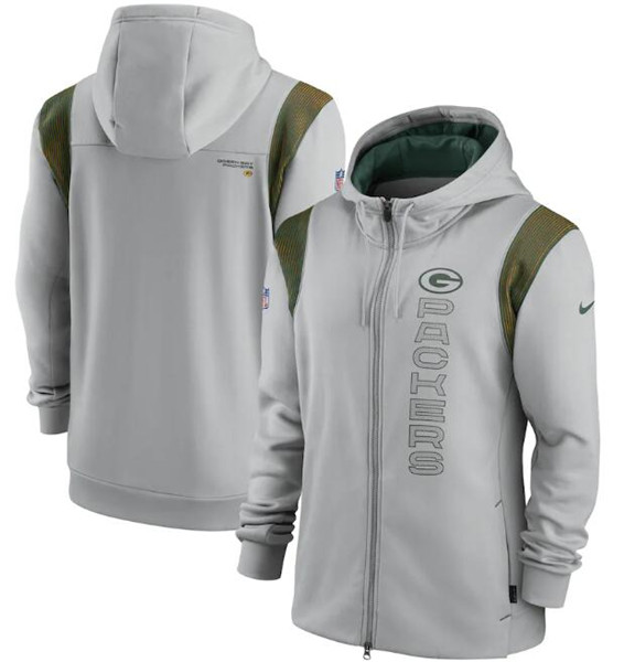 Men's Green Bay Packers 2021 Gray Sideline Team Performance Full-Zip Hoodie